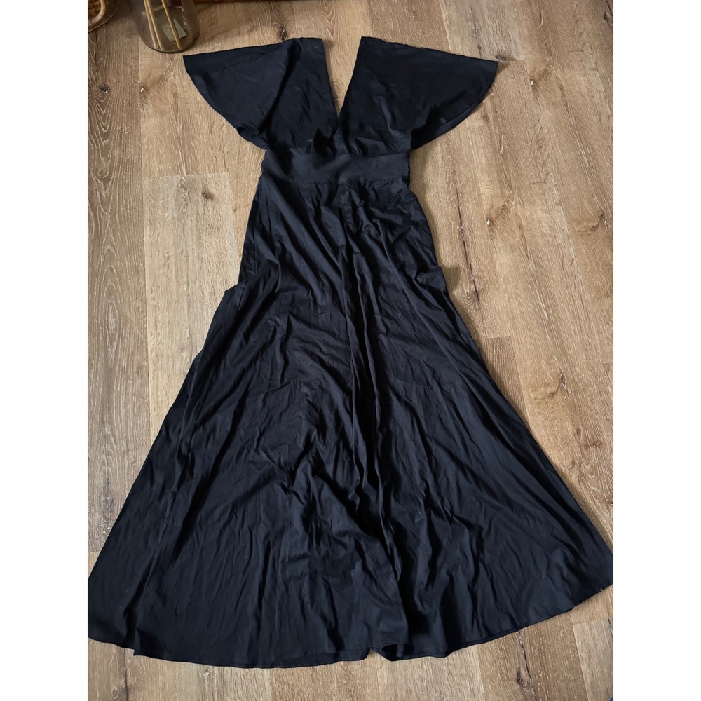 Eres Black Plunging V-Neck Butterfly Sleeve Maxi Dress Made in France Size M/L